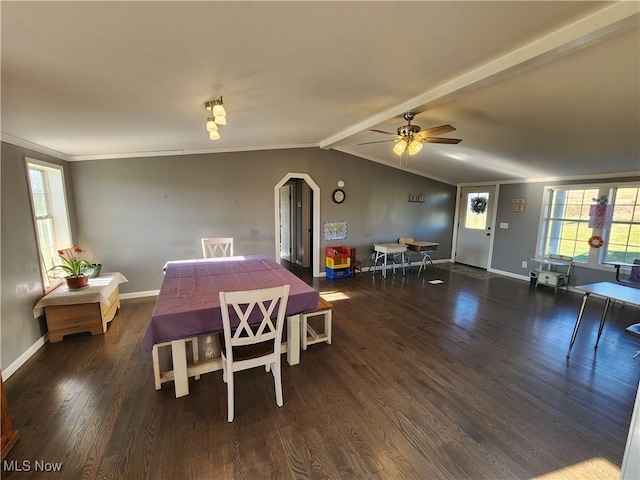 dining room with dark hardwood / wood-style floors, lofted ceiling with beams, ornamental molding, and ceiling fan