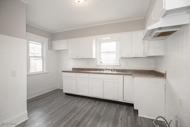 kitchen featuring white cabinets, custom range hood, dark hardwood / wood-style floors, and sink