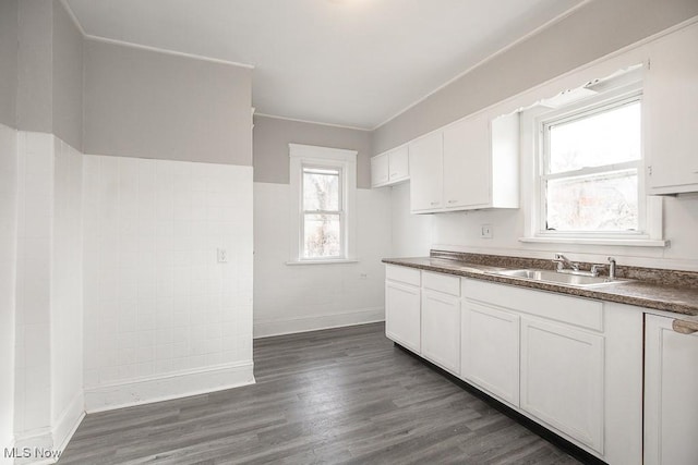 kitchen with white cabinets, sink, and dark wood-type flooring