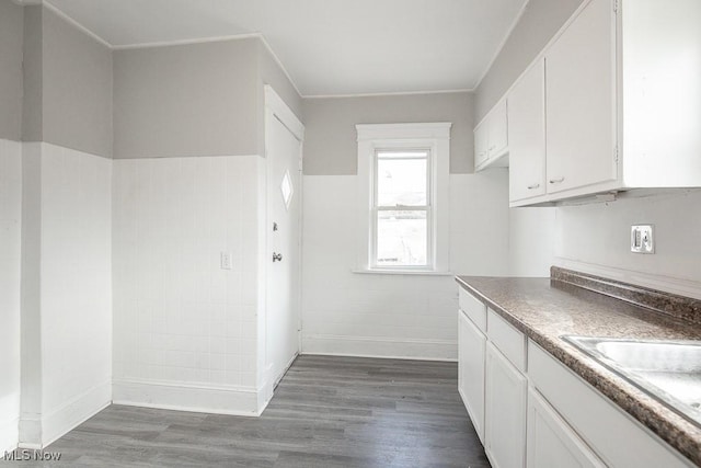 kitchen featuring sink, white cabinets, and dark wood-type flooring