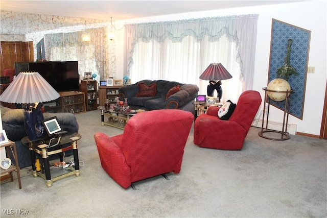 living room with carpet and a baseboard radiator