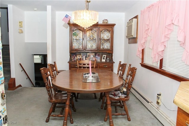 dining room with a wall mounted air conditioner, carpet floors, a notable chandelier, and a baseboard heating unit