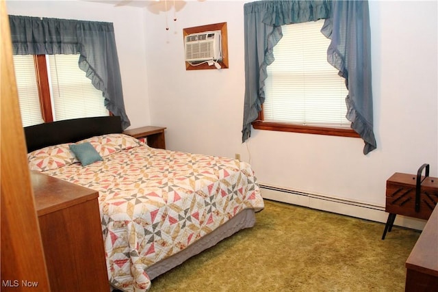 carpeted bedroom featuring a wall mounted air conditioner, ceiling fan, and baseboard heating