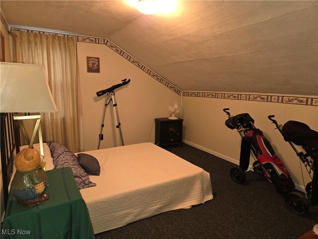 carpeted bedroom featuring lofted ceiling