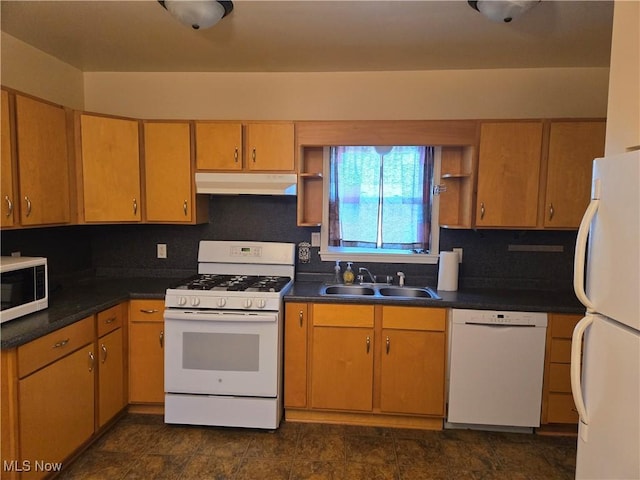 kitchen with open shelves, dark countertops, a sink, white appliances, and under cabinet range hood