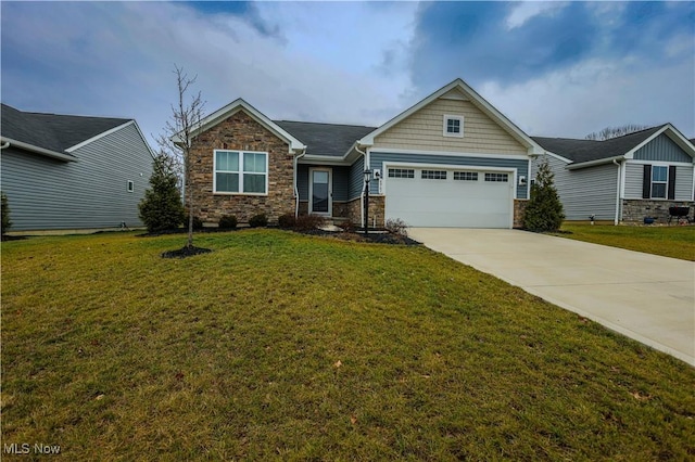 craftsman-style home with a front lawn and a garage