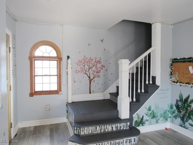 stairs featuring hardwood / wood-style flooring