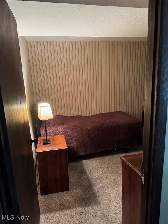 carpeted bedroom featuring a textured ceiling