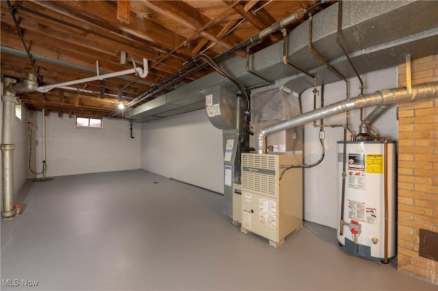 basement with heating unit and gas water heater