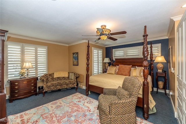 bedroom with carpet, a closet, ceiling fan, and ornamental molding