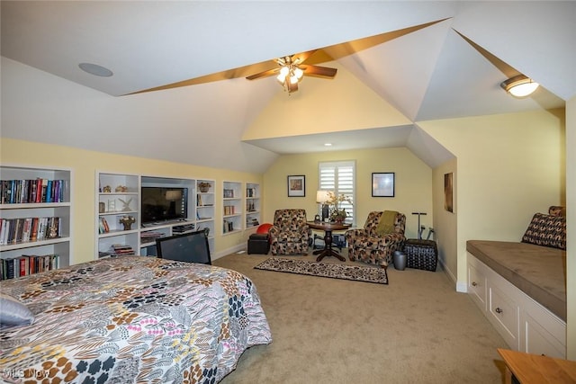 bedroom featuring ceiling fan, light carpet, and lofted ceiling