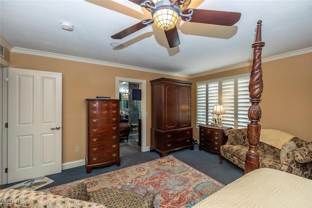 bedroom with dark colored carpet, ceiling fan, and crown molding