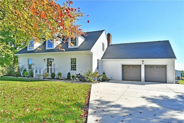 cape cod home with a garage and a front lawn