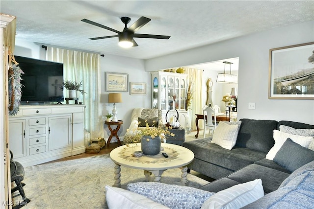 living room with hardwood / wood-style floors, ceiling fan, and a textured ceiling