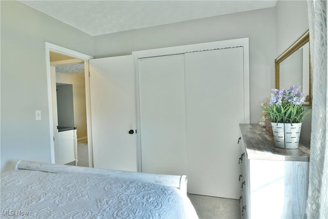 bedroom with carpet, a textured ceiling, and a closet