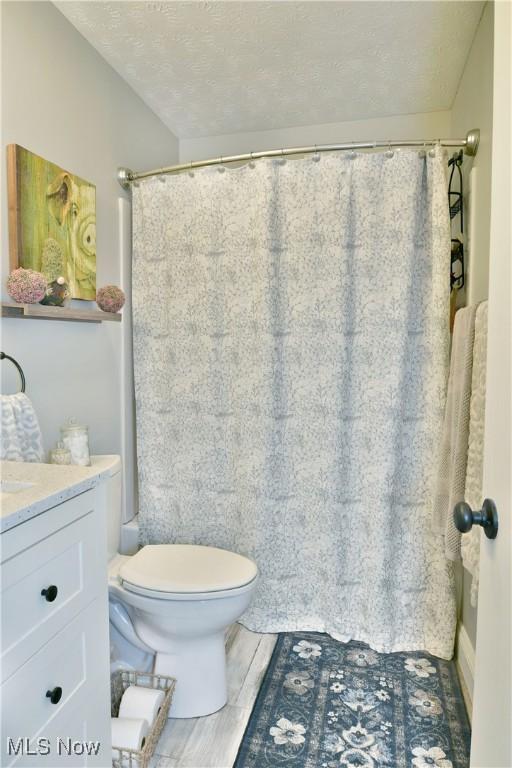 bathroom featuring vanity, a textured ceiling, and toilet