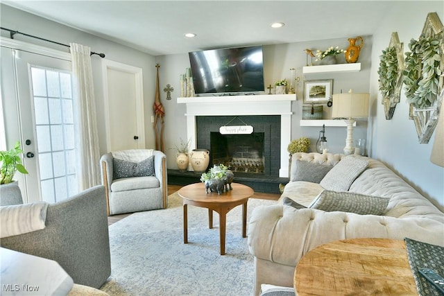 living room with a fireplace