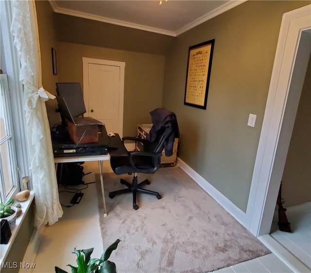 home office featuring light colored carpet and crown molding