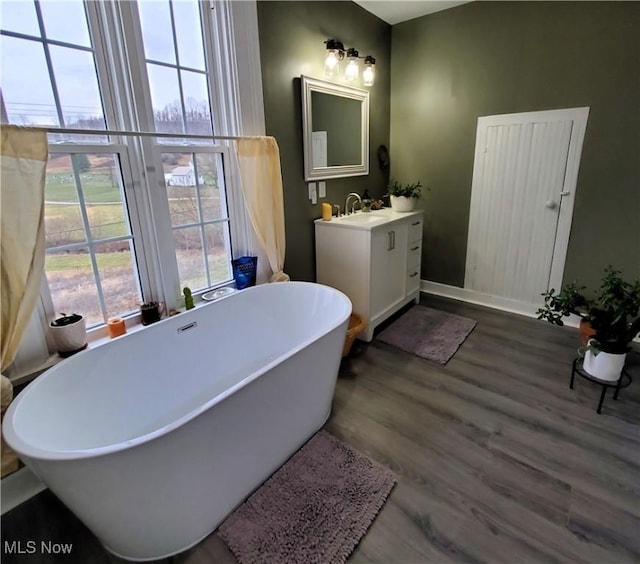 bathroom featuring vanity, a soaking tub, and wood finished floors