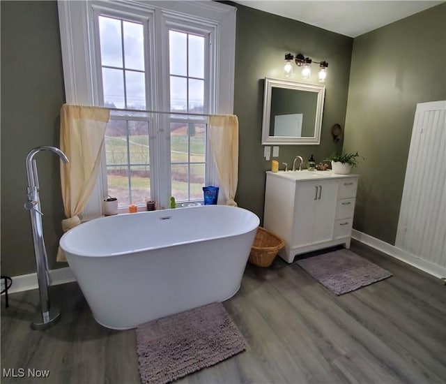 bathroom featuring wood-type flooring, a bath, and vanity