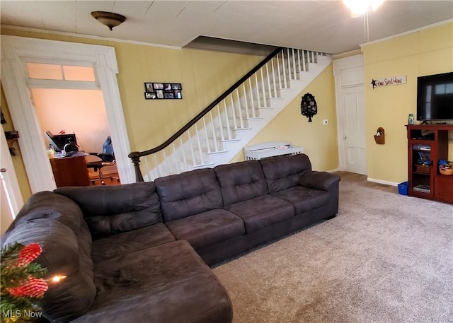 carpeted living room featuring crown molding