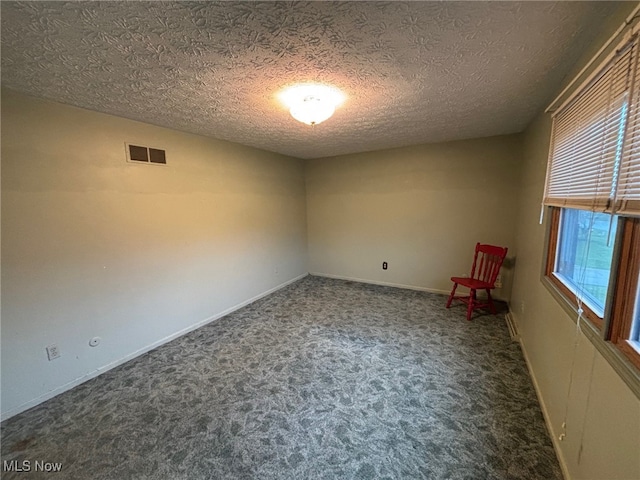 unfurnished room with carpet, a textured ceiling, and a healthy amount of sunlight