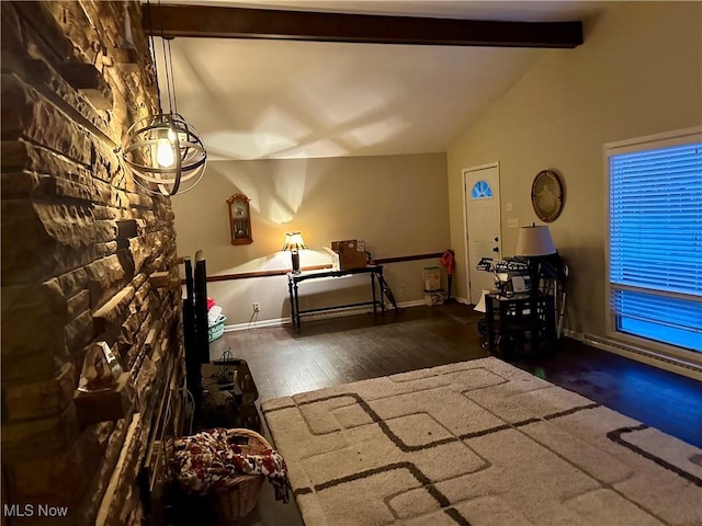 bedroom featuring vaulted ceiling with beams and dark wood-type flooring