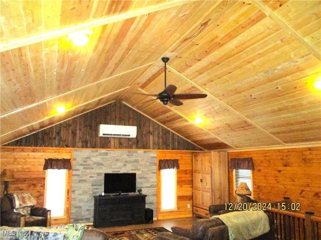 71352 Skyline Dr, Piedmont, OH 43983 - living room featuring wooden walls, vaulted ceiling, and wooden ceiling
