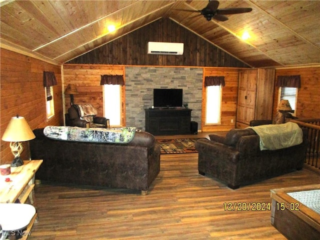 71352 Skyline Dr, Piedmont, OH 43983 - living area featuring wooden walls, vaulted ceiling, wood finished floors, and a wall mounted air conditioner