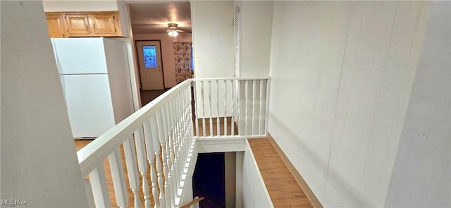 staircase with hardwood / wood-style flooring