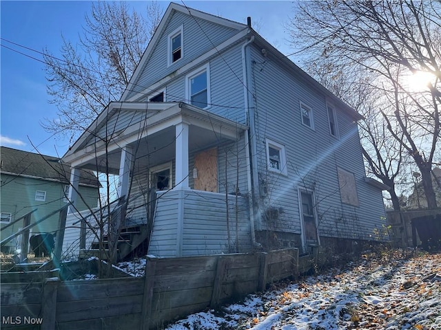 view of snow covered property