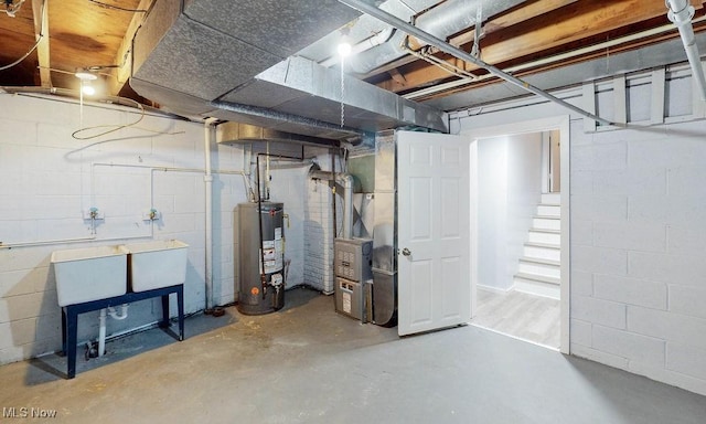 basement with heating unit and water heater