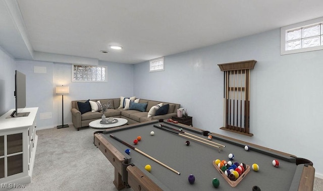 playroom featuring light carpet and billiards