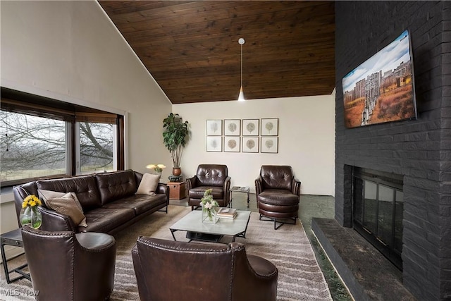 living room featuring a fireplace, high vaulted ceiling, and wood ceiling