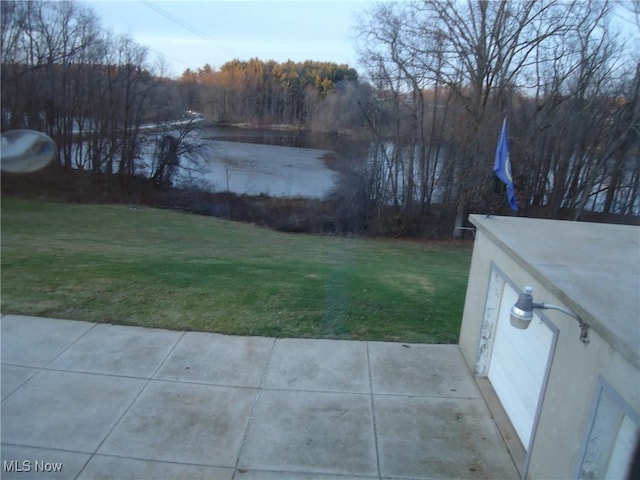 view of yard with a patio area and a water view