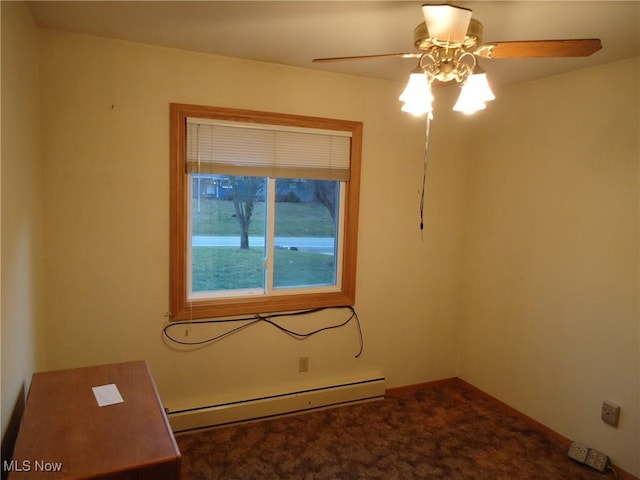 unfurnished room featuring ceiling fan, carpet floors, and baseboard heating