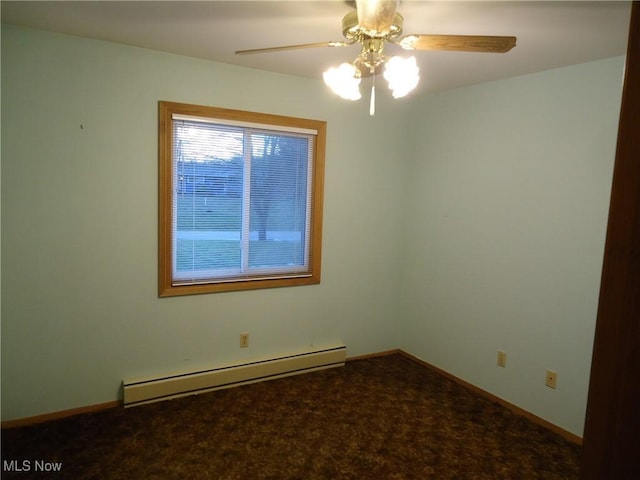 spare room featuring ceiling fan, carpet floors, and a baseboard radiator