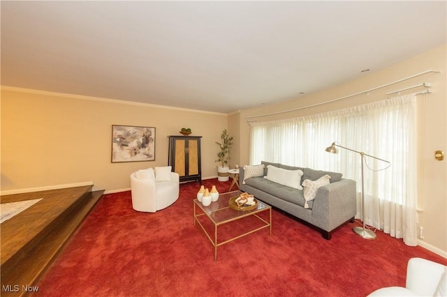 living room featuring carpet and crown molding