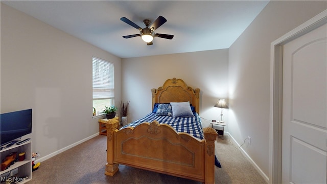 bedroom with ceiling fan and dark carpet