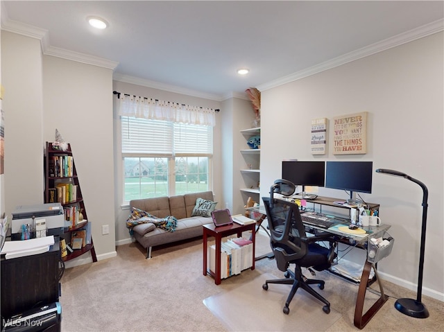 home office with light colored carpet and ornamental molding