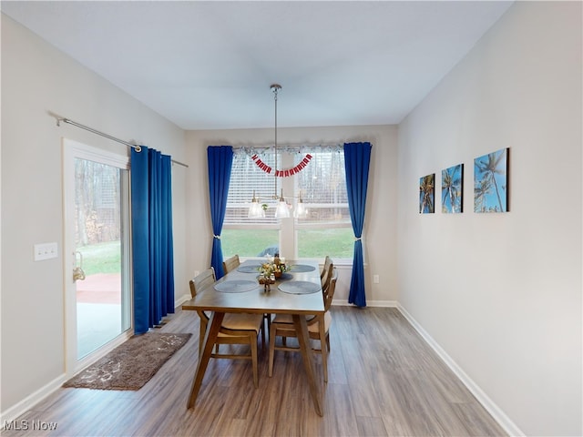 dining room with wood-type flooring and an inviting chandelier