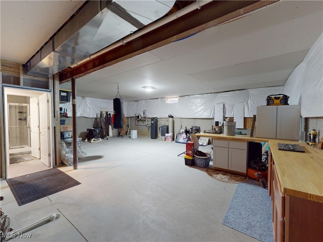 basement with a workshop area