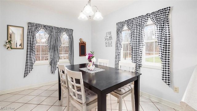 dining space with a chandelier, light tile patterned floors, and plenty of natural light