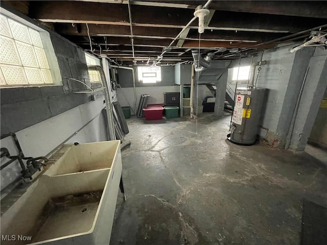 basement featuring sink and water heater