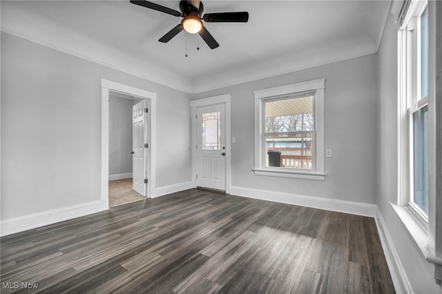 interior space featuring ceiling fan, dark wood-type flooring, and ornamental molding