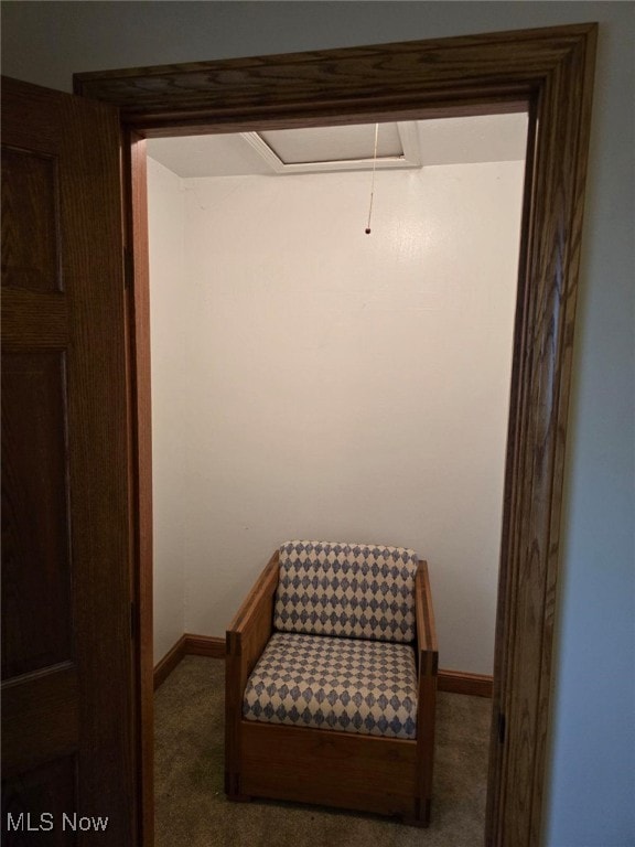 interior space featuring dark colored carpet