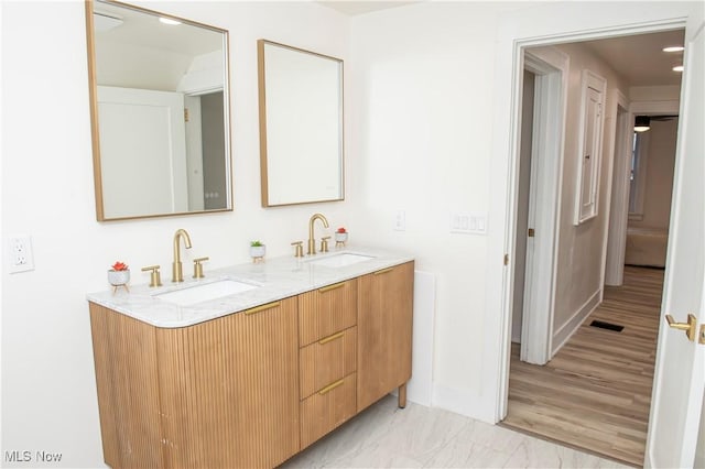 bathroom with vanity and wood-type flooring