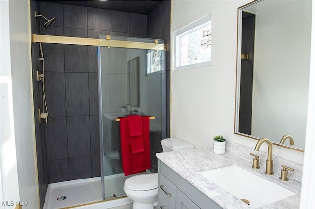 bathroom with vanity, an enclosed shower, and toilet