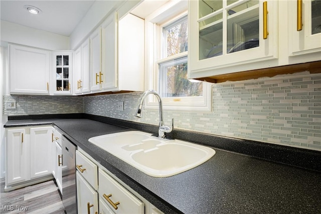 kitchen with tasteful backsplash, white cabinetry, sink, and stainless steel dishwasher