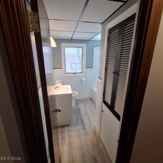 bathroom featuring a drop ceiling, toilet, wood-type flooring, and vanity